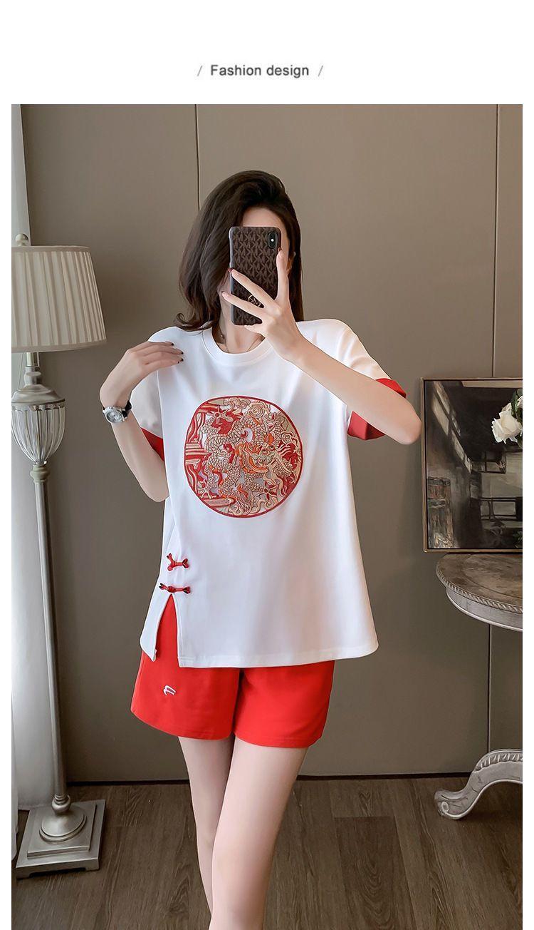 Product Introduction of New Chinese Casual Graceful Fashionable Set Women's Summer Short Sleeve Shorts Red Chinese Style Sports Popular Two-Piece Set 18