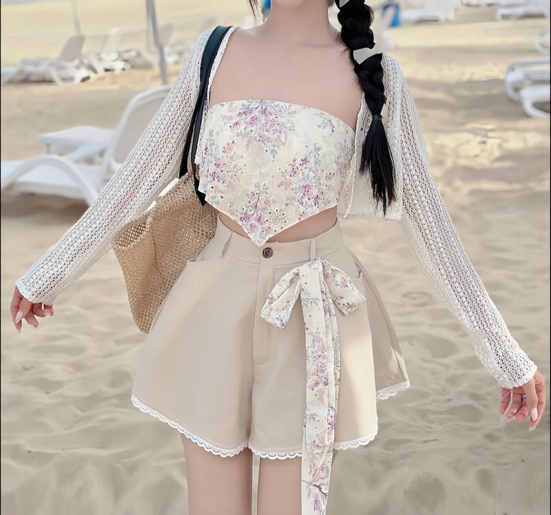 Set đồ nữ 3 món áo lót ren hoa 2 lớp cúp ngực có mút kèm khoác len ren tay dài mix quần đùi phối ren xinh xắn dành cho các nàng diện đi chơi Women Top