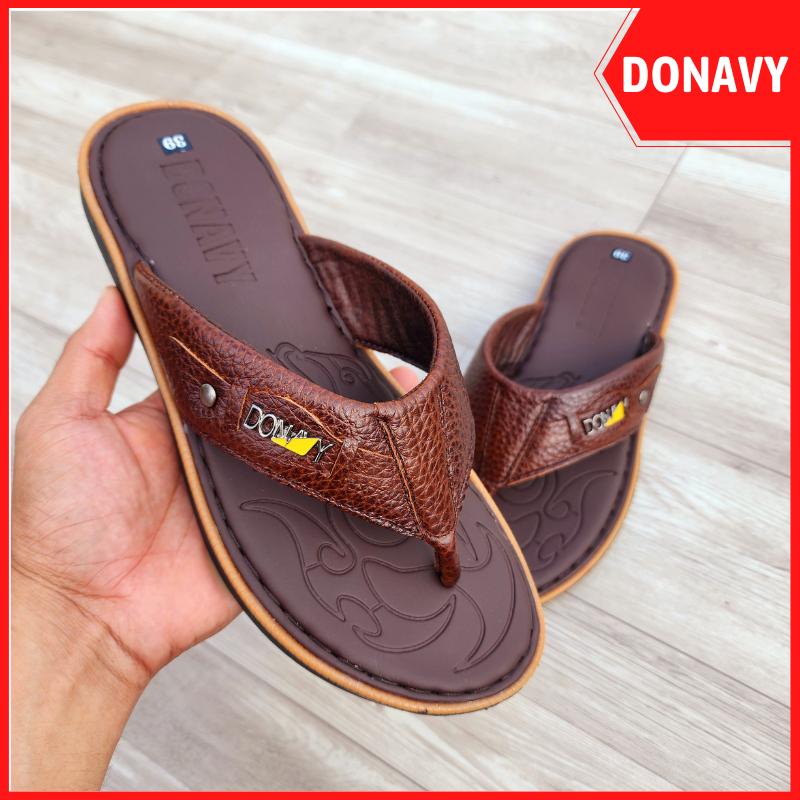 Dép Kẹp Nam Da Bò Thật DONAVY Cao Cấp Quai Gắn Khuy Bắt Mắt May Quai Bao Đi Mưa D.KLUC