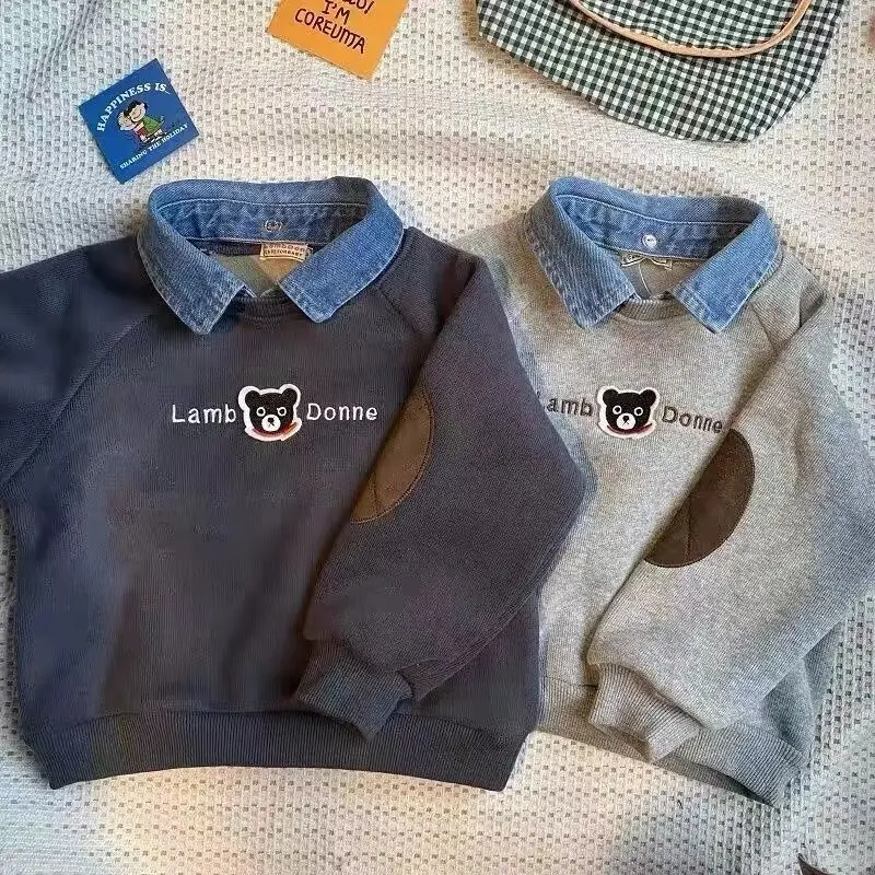 Áo khoác lông cừu một lớp, dành cho bé trai, chải, có thể tháo rời, cổ áo denim, thích hợp cho mùa thu và mùa đông, áo áo Chui Đầu hoạt hình giả hai, cho trẻ em và trẻ sơ sinh