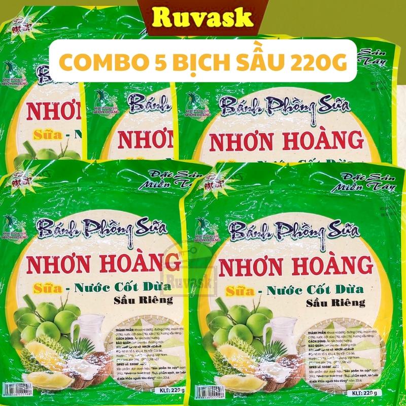 Combo 5 Gói 220gr Bánh Phồng Sữa Nhơn Hoàng Sầu Riêng Nước Cốt Dừa - Bánh Tráng Sữa Dừa Vị Sầu - Đặc Sản Miền Tây Ruvask