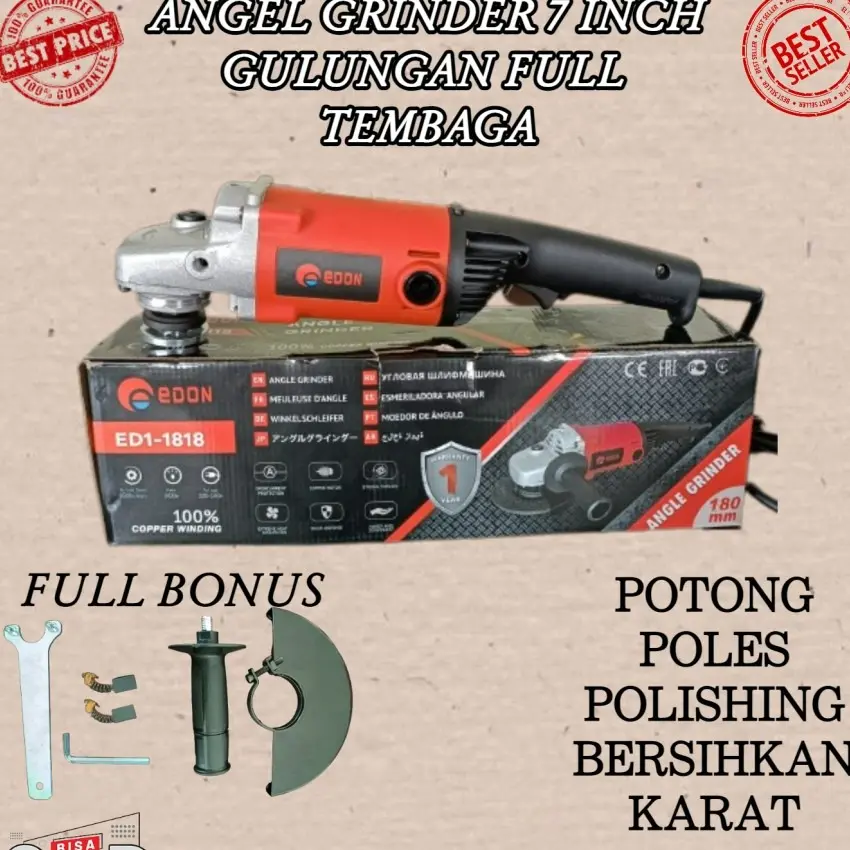 Mesin Gerinda Tangan 7" EDON ED1-1818 Angle Grinder 7 Inch Mesin Disc gerinda potong