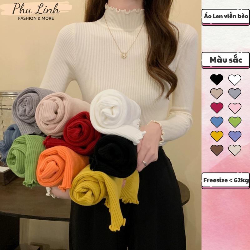MS236 Áo len tăm nữ cao cổ 3p viền bèo nữ tính ấm áp Top Women Dài Tay