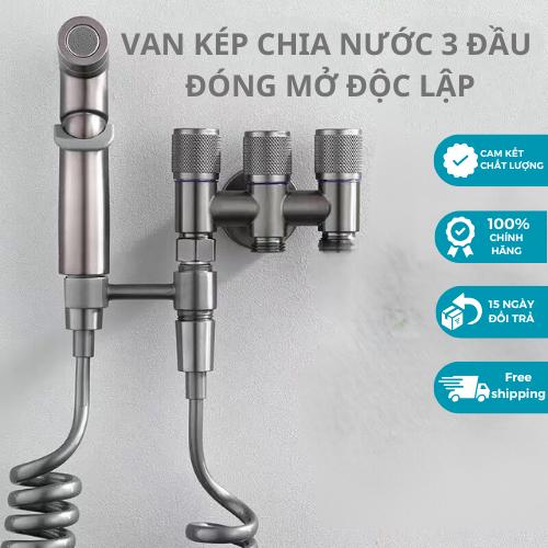 [Nâng Cấp] Van chia nước 2 cổng xả, 3 cổng xả có khóa đóng mở độc lập chất liệu inox 304 ti đồng, Kèm vòi xịt giá đỡ dây lò xo dài 1,5m tích hợp với cung cấp nước cho các thiết bị