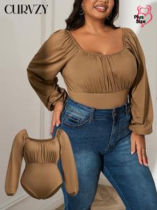 CURVZY Plus Size Autumn Aesthetic Plain Ruched Bishop Sleeve Square Neck Bodysuit, Casual Long Sleeve Bodysuit for Spring & Fall, Women's Clothes for Daily Wear