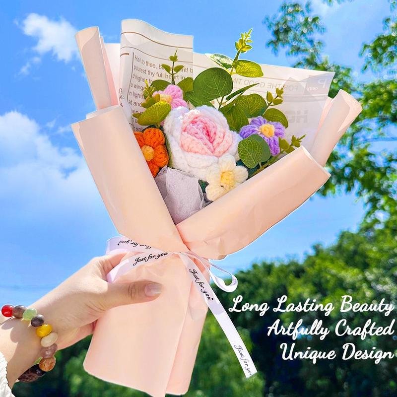 1 Count Artificial Hand Crochet Flowers Bouquet, Hand Woven Rose Flower Bouquet, Faux Knitted Sunflower Flower for Birthday Anniversary, Finished Artificial Flowers Home Decor Gift with Gift Bag 6