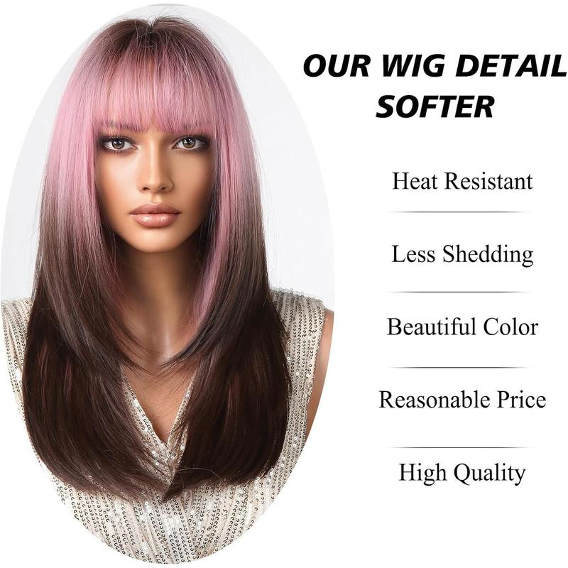Local shipping-testar Long Ombre Pink Black Wigs For Black Women Straight Pink Brown Wigs With Thick Bangs Cosplay Wigs Colorful Wigs Synthetic Layered Hair Wigs For Daily Use 2