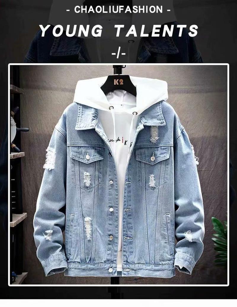 Product Introduction of Áo Khoác Denim Nam, Thời Trang Mới Mùa Xuân Và Mùa Thu, Phong Cách Hàn Quốc Thường Ngày Rách, Giặt Được, Màu Trơn 2