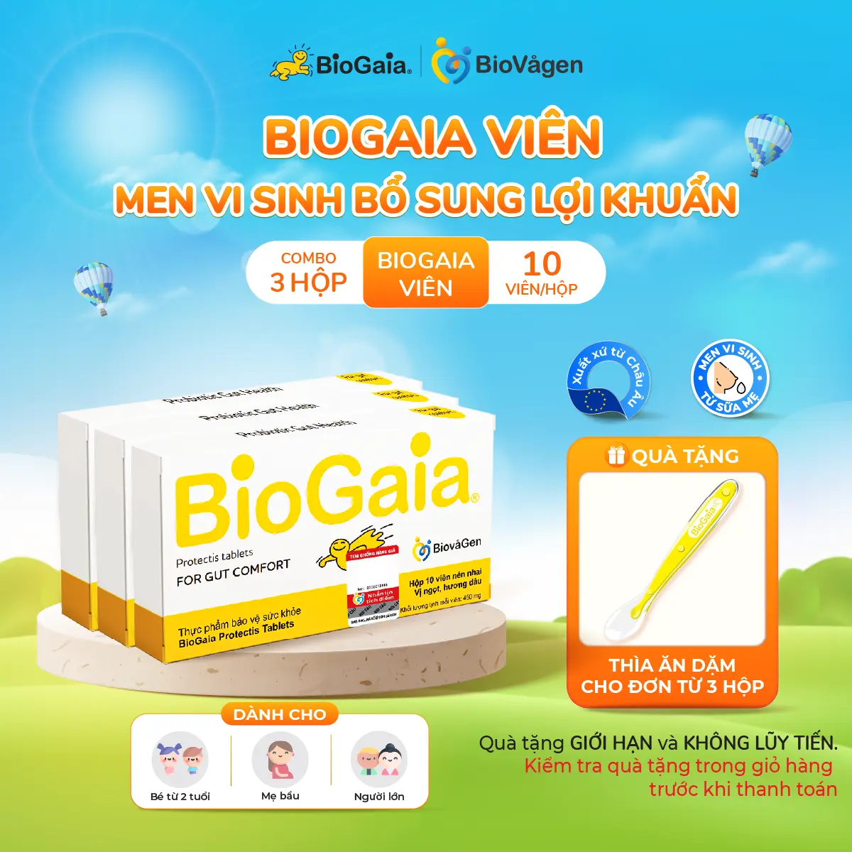 Combo 3 Men vi sinh BioGaia ProTectis hỗ trợ hệ tiêu hóa xuất xứ Thụy Điển hộp 10V