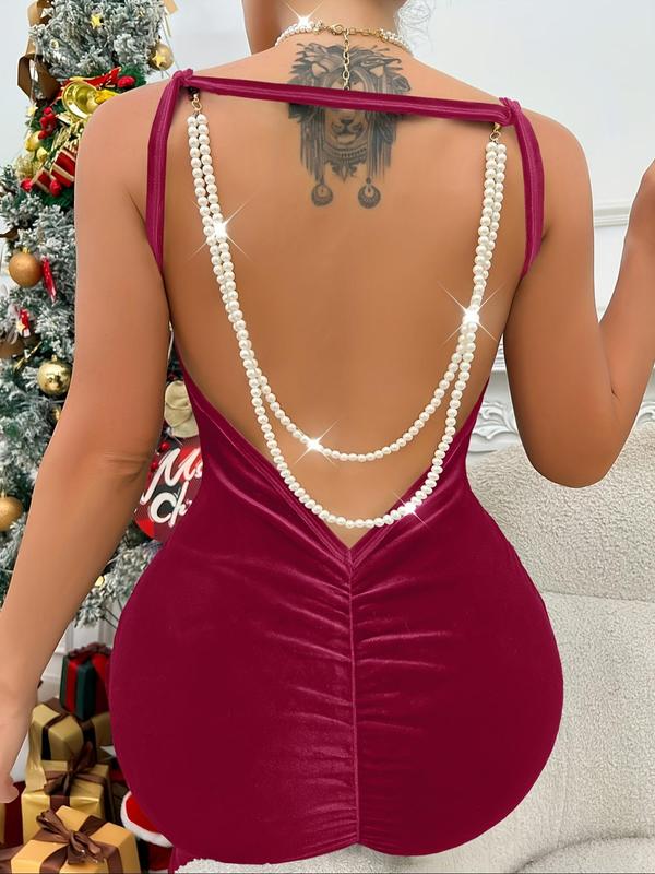 Women's Faux Pearl Decor Backless Ruched Velvet Dress, Elegant Cowl Neck Sleeveless Long Dress for Party Holiday Wedding Guest, Ladies Summer Clothes 4