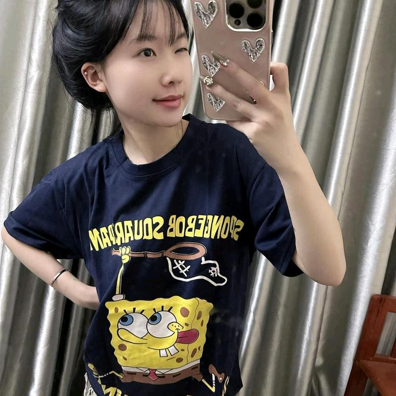 (chất cotton khô) Áo Thun Nam Nữ In hình Bọt biển, phong cách cá tính 1