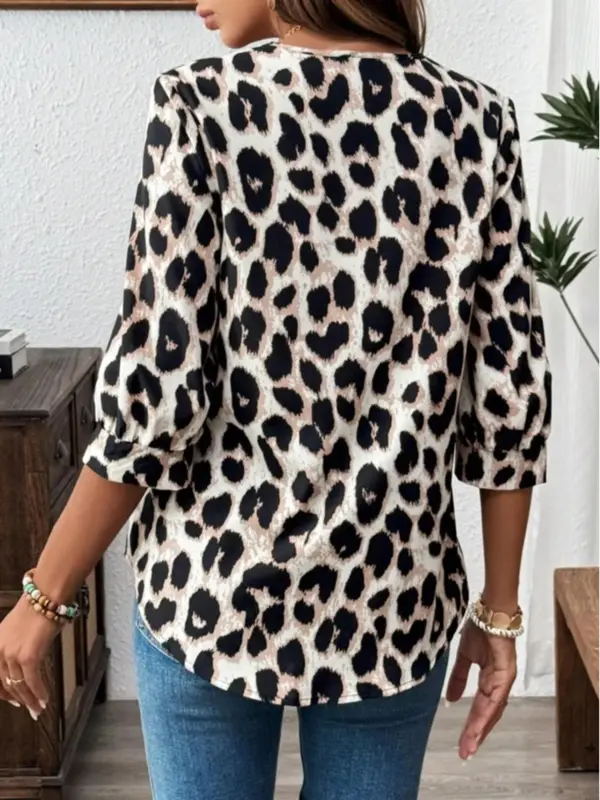 Women's Leopard Print 3/4 Sleeve Blouse, Elegant Top for Work Office Business, Ladies Clothes for Summer 1