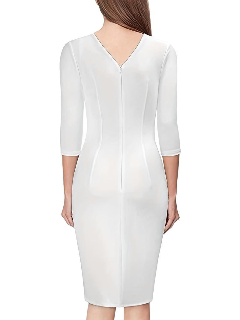 Product Introduction of Women's Plain V Neck Belted Wrap Ruched Knee Length Bodycon Dress, Elegant Asymmetrical Hem Dress, Women's Spring & Fall Clothes For Work Office Business 9