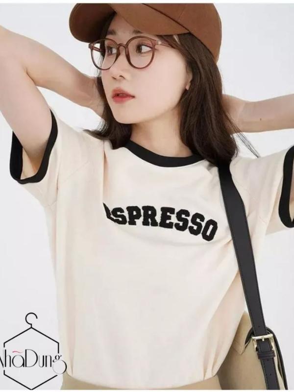 Áo baby tee nữ cổ tròn tay ngắn Epresso ️. Áo thun nữ vải cotton phối viền tay Nhã Dung Store Top Women