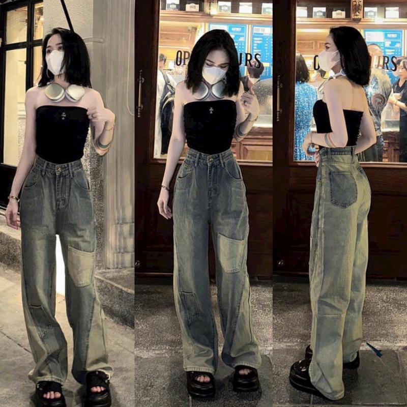  Quần bò suông túi gối siêu ngầu- Quần bò suông cạp cao hottrend 2023 Nữ Women Pants Jean Denim 