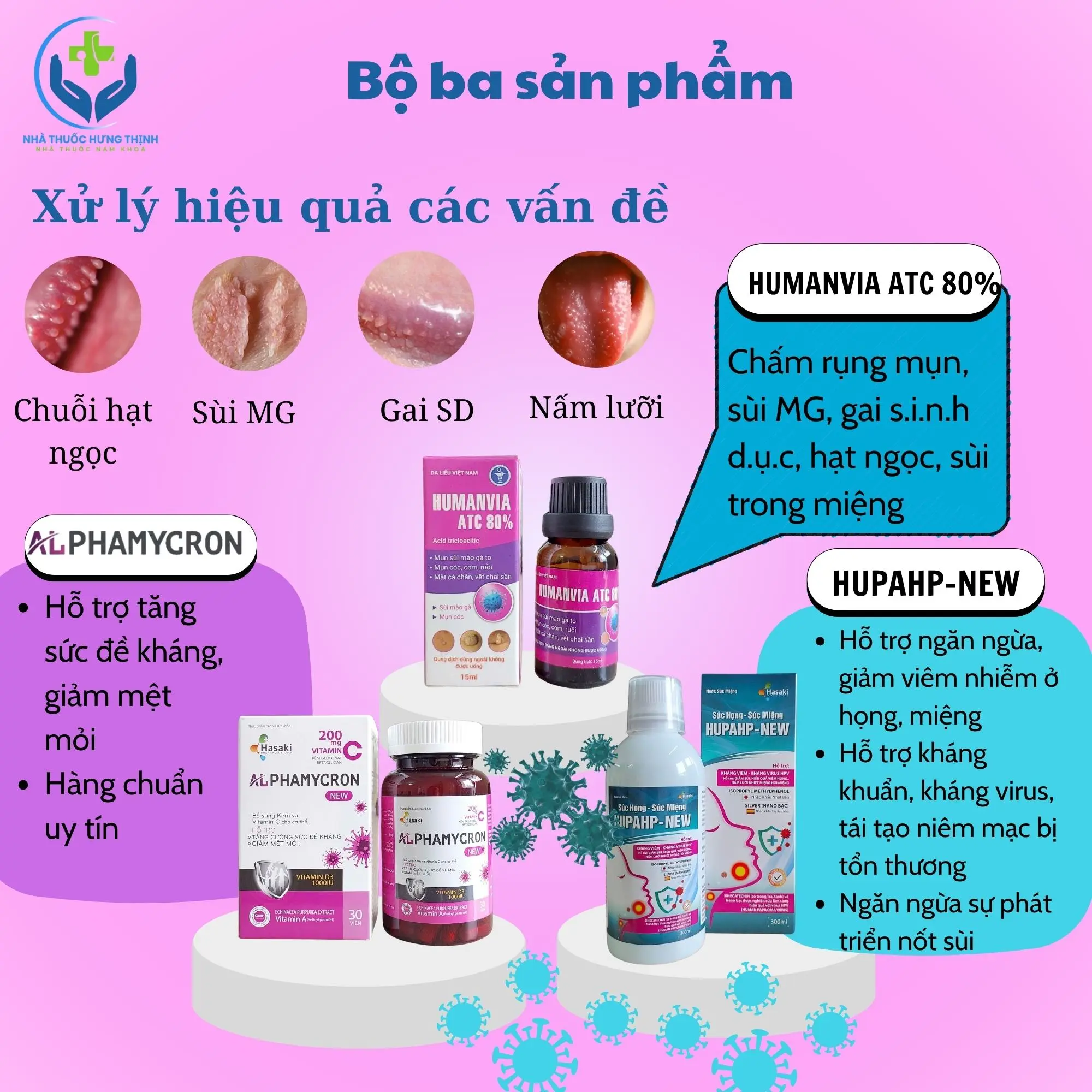 (COMBO 3 sản phẩm) 1 Dung dịch chấm mụn HUMANVIA ATC 80% 15ml + 1 Lọ viên uống ALPHAMYCRON 30 viên + 1 Chai súc miệng, súc họng HUPAHP-NEW 300ml