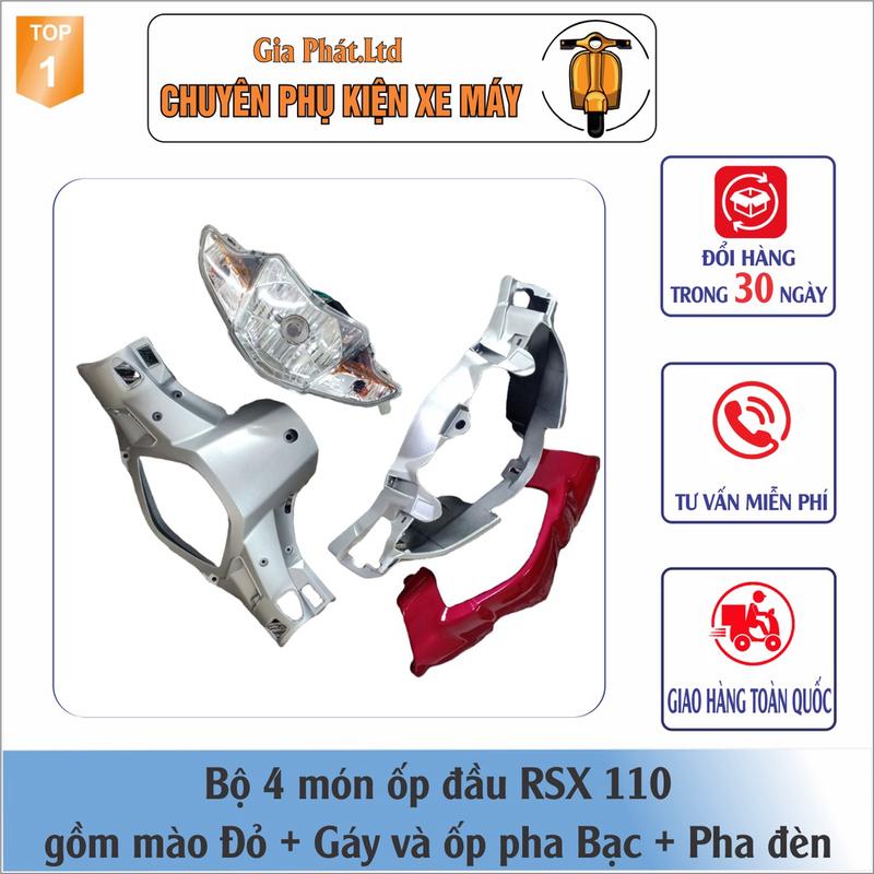 Combo ốp đầu Mào ĐỎ - Gáy bạċ - và Pha đèn kèm bóng xe Wave RSX 110 đời 2010-2012