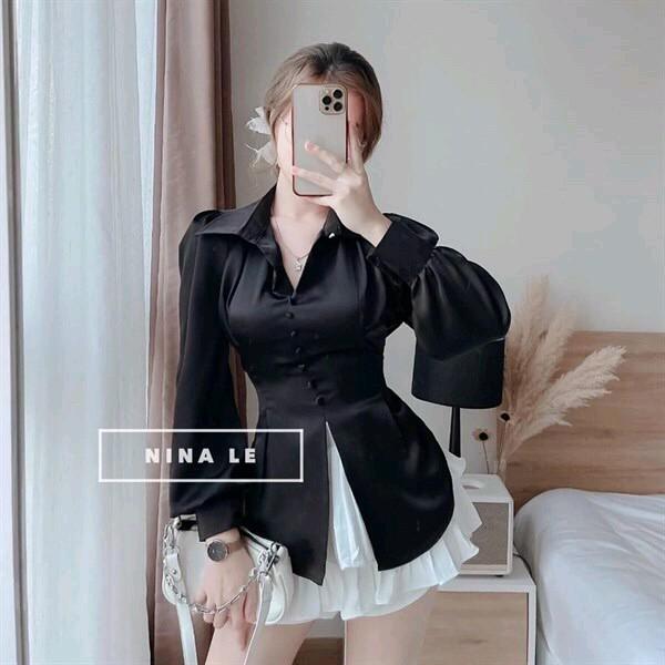 Áo sơ mi kiểu xẻ lai thắt nơ sau lưng chất satin loại 1