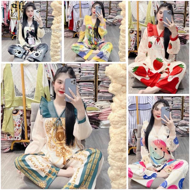Đồ ngủ, đồ bộ pijama phối voan tơ tay dài lụa xước dưới 60kg họa tiết Hoàng gia và nhiều mẫu khác  Nữ