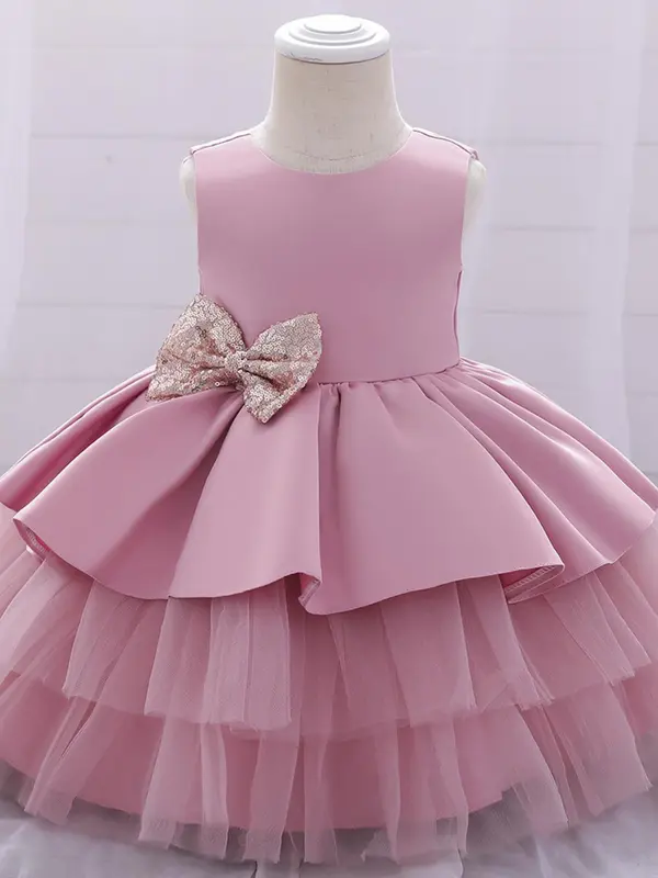 Toddler Girl's Solid Big Bow Decor Tulle Dress, Elegant Romantic A Line Tutu Dress for Party Show Wear, Kids Clothes for All Seasons 1