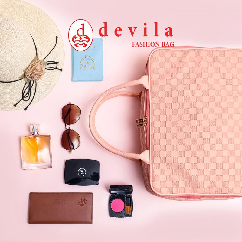 DEVILA LUXURY NUDE PINK BOXES WATERPROOF TRAVEL BAG MEDIUM SIZE - Tas Koper Motif Kotak Mewah Murah Perempuan Mudik 6