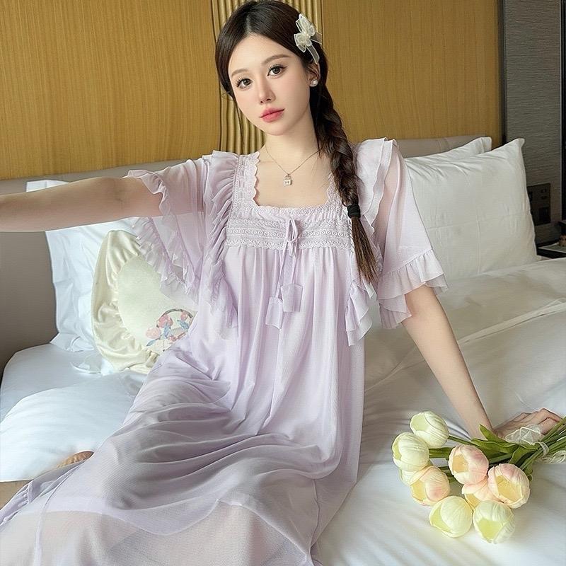 SP.654 Váy ngủ tiểu thư cộc tay cổ vuông dáng dài dễ thương hàng Quảng Châu