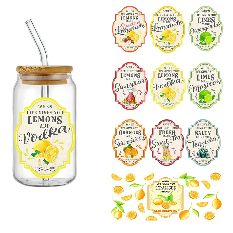 Cartoon Lemon Theme Cup Stickers, 4 Counts/set Waterproof Self-adhesive Cup Wraps Decals, DIY Decorative Stickers For Home Cup Water Bottle 0