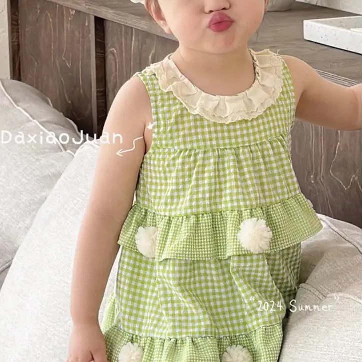 E408 Đầm công chúa sát nách xanh cổ phối ren trắng gắn bông siêu xinh chất thô mềm cho bé gái đi học đi chơi, đi đám cưới | EMBESTIHON 5