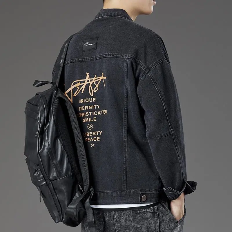 Áo khoác JEANS nam nữ màu Đen kiểu IN chữ AJ007, vải Denim dày co dãn không ra Màu Menswear Jacket Có Túi Có Cổ 2