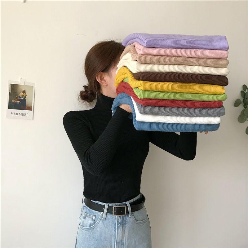 Áo Len Dài Tay, Phong Cách Hàn Quốc, Cổ Lọ Mỏng, Màu Trơn Co Giãn, Ôm Sát, Áo Mặc Trong 6