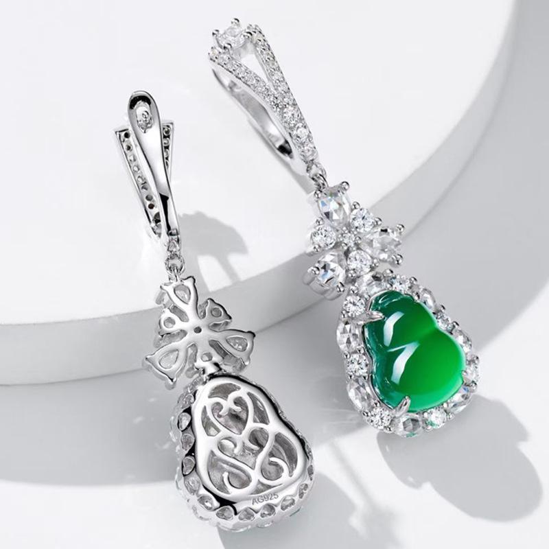 S925 Silver Inlaid Diamond Green Chalcedony Gourd Ear Hook High-Grade Women's Earrings JU8527 4