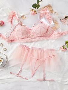 Conjunto de lencería sexy de encaje de color sólido para mujer con cinco piezas, incluye brasier push up, tanga, liguero y un par de anillos para las piernas, conjunto de lencería para mujer