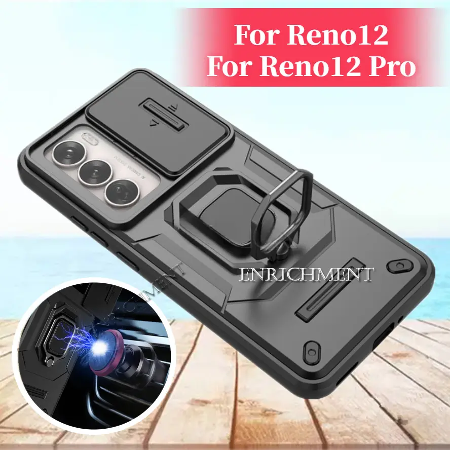 For OPPO Reno12 Reno12Pro 5G Slide Camera Protective caseoh harga casing hp Phone Case Shockproof Hard Stand Ring Bracket Casing hp Soft TPU Anti Fall Car Magnetic Holder Cover