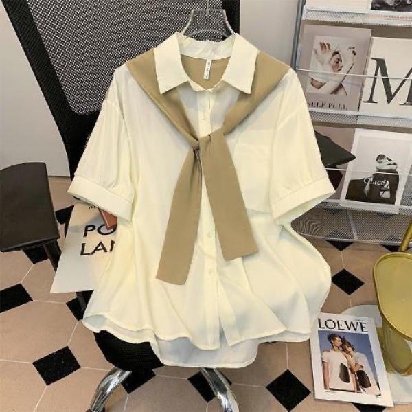 Khăn Choàng thụng Dáng Rộng Áo Sơ Mi Ngắn Tay Giả Hai Mảnh Áo Mặc Bên Ngoài Sang Trọng Độc Đáo Thiết Kế Indie Mùa Hè Cho Nữ Hợp Xu hướng