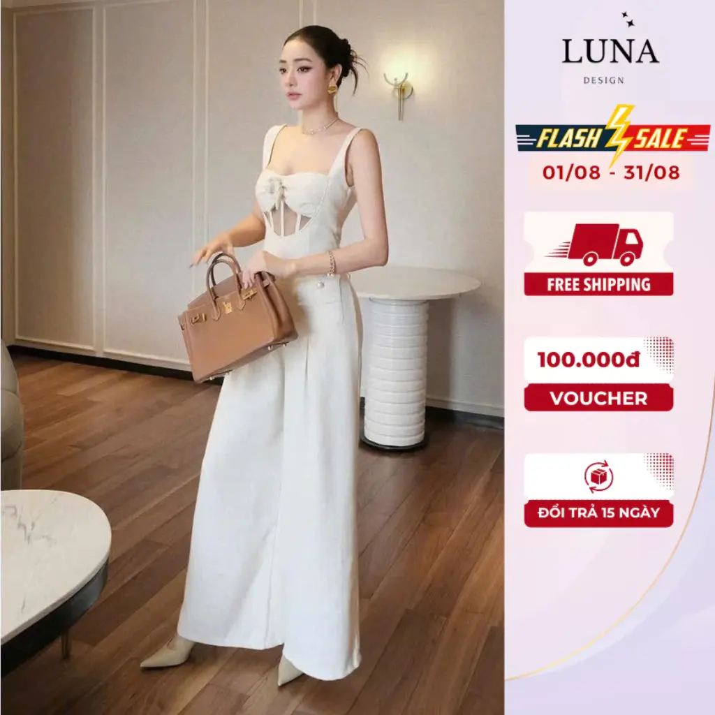 Set Đồ Jumpsuit Hot Girl Luna Design Thiết Kế Hai Dây Đính Hoa Quần Suông Dài Hack Dáng Đi Tiệc Dạo Phố Sang Chảnh