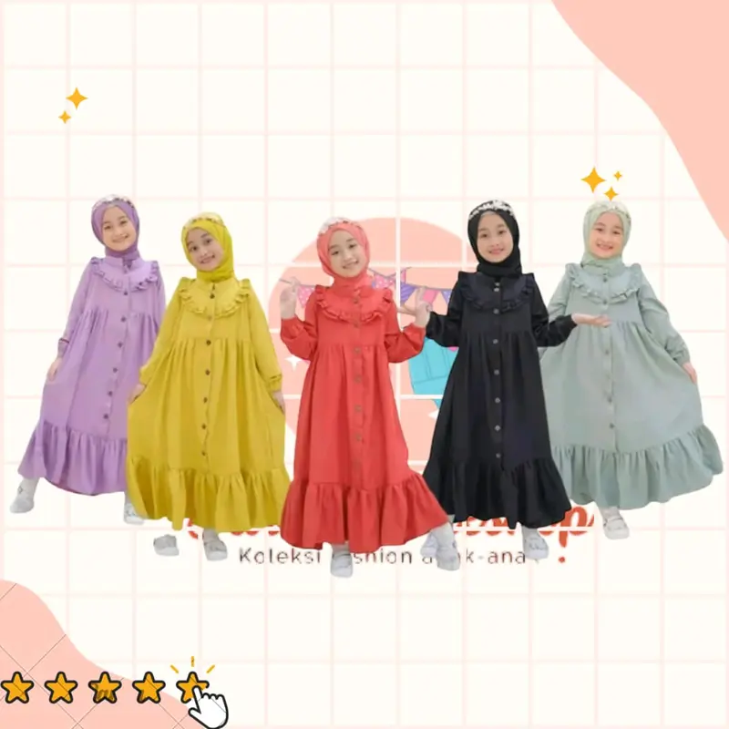Baju Gamis Anak Perempuan 2-7 Tahun / Dress Anak Perempuan Crinkle Airflow/ Baju Anak Muslim Hijab Panjang Ruffle Kerah Cantik Kancing Nyaman Variasi 0