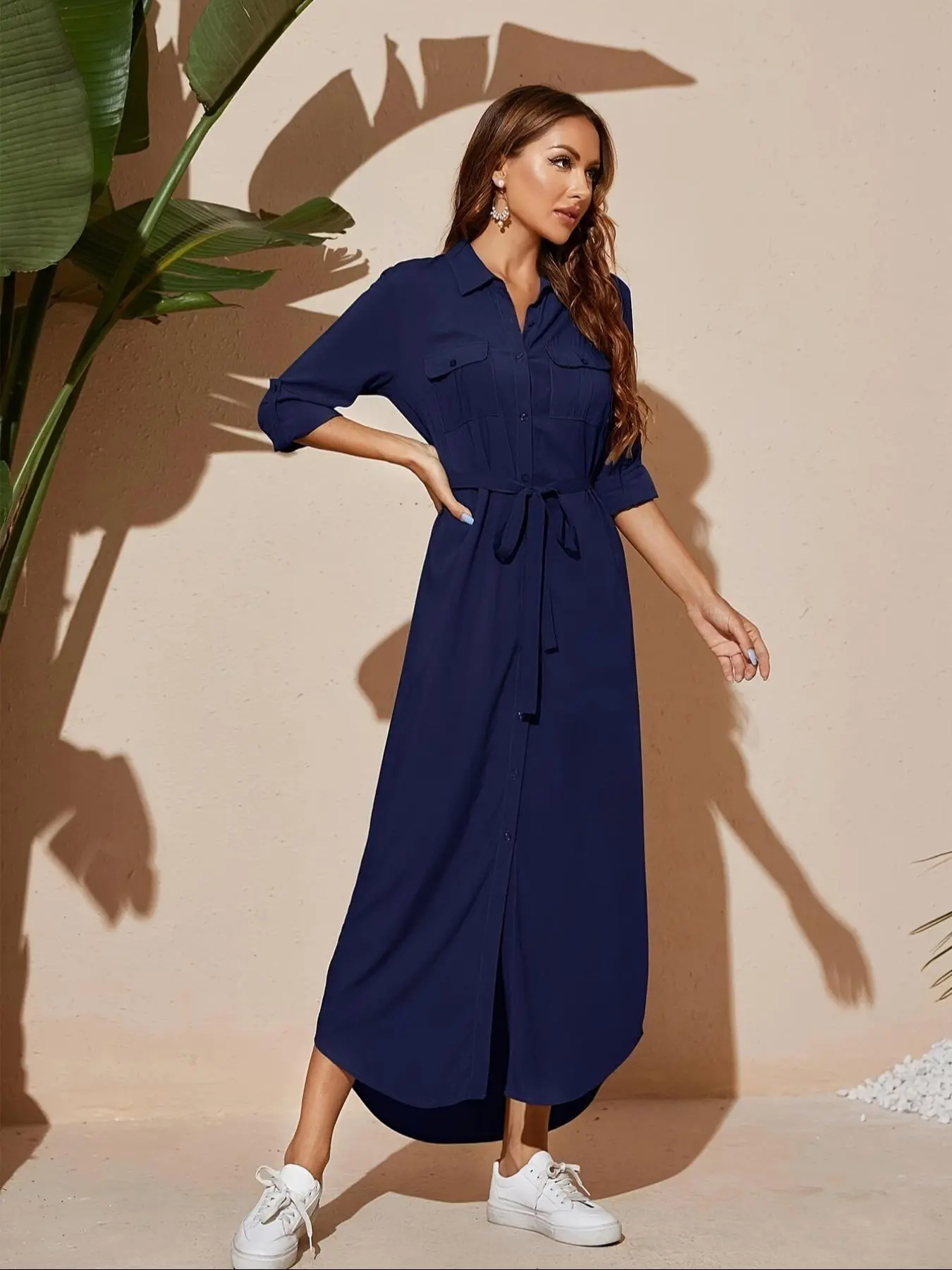 Women's Plain Button Front Belted Shirt Dress, Elegant Roll Up Sleeve Flap Pocket Collar Dress for Work Office Business, Ladies Clothes for All Seasons, Casual Dresses