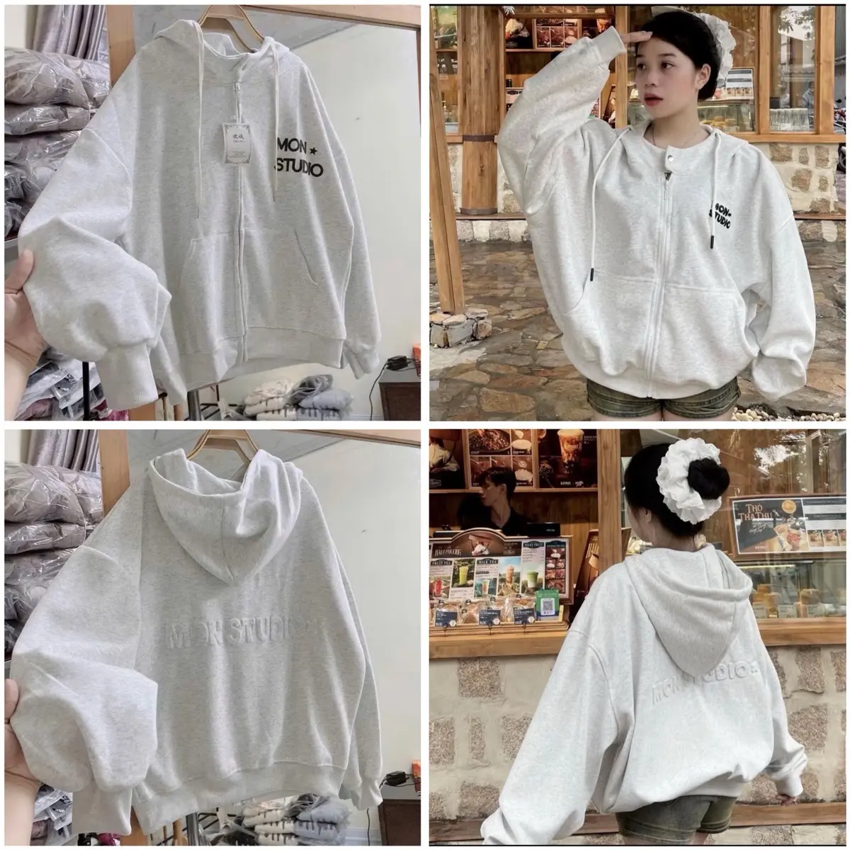 ￼Áo khoác hoodie zip BOXY MON có nút bấm, dập nổi, in nổi chất nỉ trần bông ấm áp áo khoác  mon studio Top Nữ Women