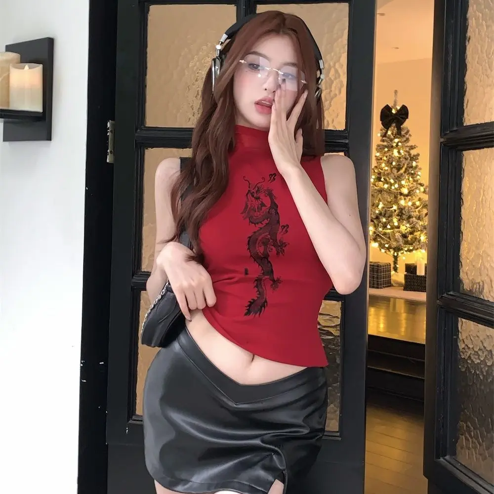 Áo Ba Lỗ In Hình Rồng, Dành Cho Nữ, Không Tay, Cổ Áo Mock, Dáng Ôm, Áo Hở Eo, Áo Sơ Mi Mùa Hè Top Women Nhung