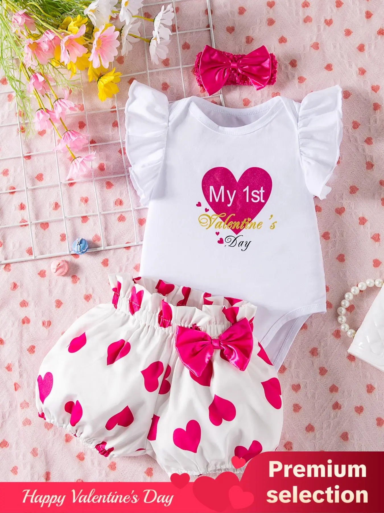 Baby Girl's Heart & Letter Print Butterfly Sleeve Tee & Bow Decor Ruffle Trim Shorts Two-piece Set with Hairband, Cute Cap Sleeve Round Neck T-shirt & Shorts, Infant Newborn Kids Summer Outfits Valentine's Day, gift