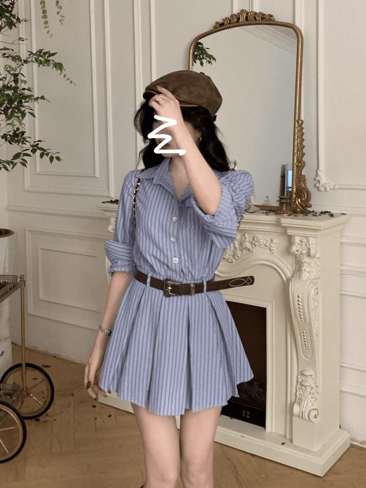 Product Introduction of Váy Sơ Mi Sọc Xanh, Phong Cách Preppy Hàn Quốc, Dành Cho Nữ, Hàng Mới Về Đầu Mùa Thu, Váy Xếp Ly Eo Thanh Lịch 2
