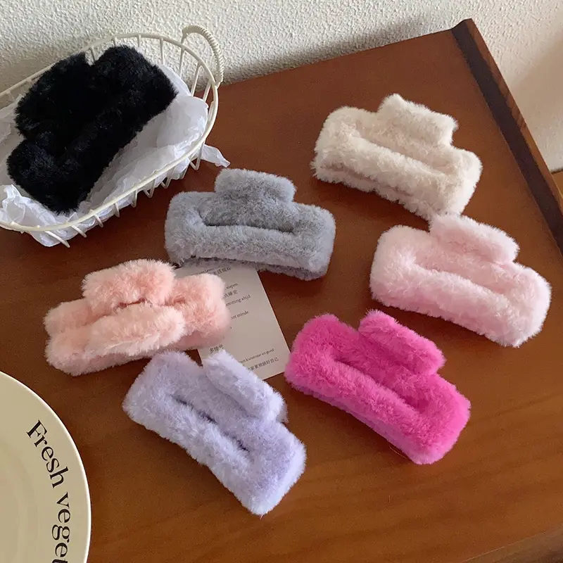 New 2024 Autumn Winter Candy Color Fluffy Plush Hair Claw Clip for Women Girl Accessories