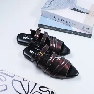 Wilso Sandal Wanita Mules Tali 3 Gesper Aktif Empuk Dan Anti Slip Shoes Sendal Selop Karet Cewek Bahan PU Leather Sol Rubber TPU Outsole Warna Hitam Brown