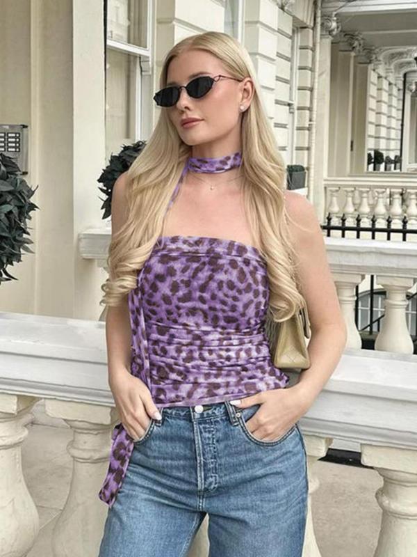 Women's Leopard Print Ruched Mesh Tube Top with Belt, Casual Strapless Top for Summer, Ladies Clothes for Party Club Beach Vacation, Tube Top, Womenswear 7