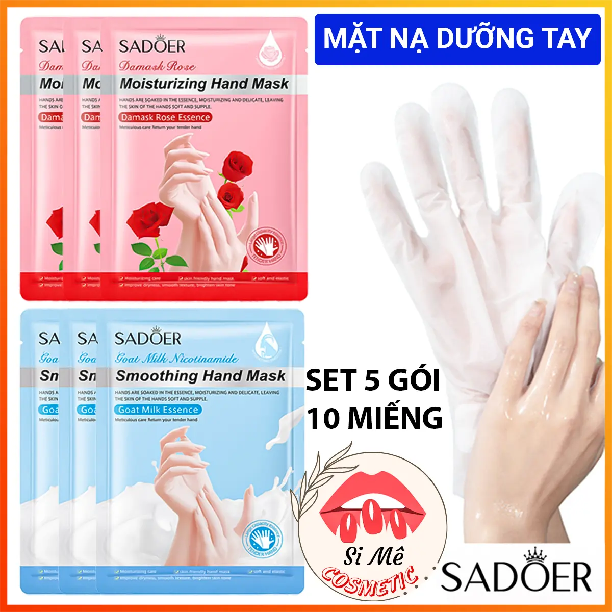 [ĐÔI TAY ĐẸP] COMBO 5 Gói Chứa 10 Miếng Mặt Nạ Dưỡng Da Tay SADOER Hand Mask Chiết Xuất Từ Hoa Hồng, Sữa Dê  – Giúp Dưỡng Ẩm, Làm Mềm Mượt, Sáng Da