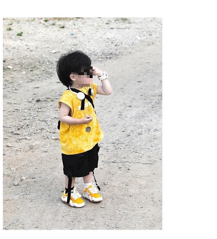 Product Introduction of Children's Clothing 2025 Summer New Korean Style Kids Baby Yellow Tie-Dye Cotton Sleeveless Top and Pants Stylish Two-Piece Set 5