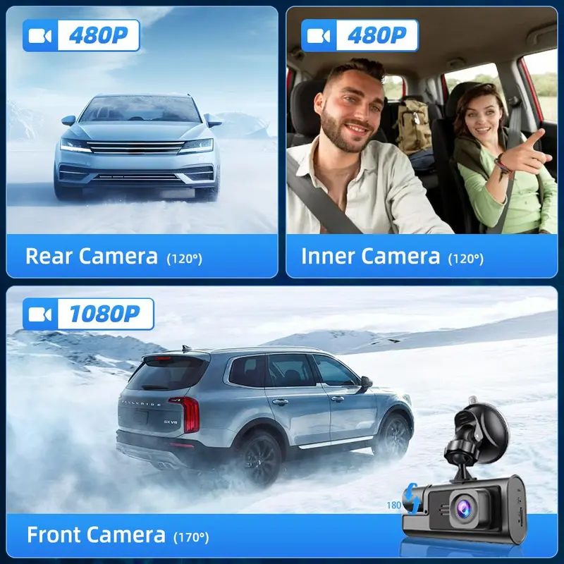 Car DVR, 1080P Car DVR with 2.0 Inch IPS Screen, Car Front & Inside & Rear 3-Camera Driving Recorder, Automotive Camera with Loop Recording, Car Essentials, Dashcam, Black 7