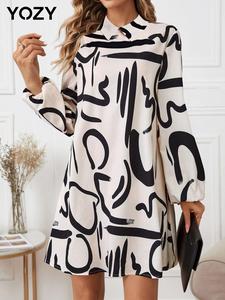 YOZY Women's All Over Print Bishop Sleeve Shirt Dress, Casual Long Sleeve Collared Short Dress for Spring & Fall, Women's Clothing for Daily Wear, Summer Dresses 2025