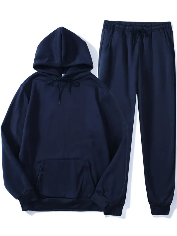 Men's Solid Two-piece Outfits, Regular Fit Casual Drop Shoulder Hoodie & Drawstring Sweatpants, Men Outfits for Fall & Winter, Airport Outfit, Matching Sets for Men, Premium Fabric 2