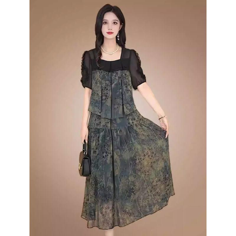 CHICMORE Gaun Rok Panjang Lengan Pendek Puff Slim Warna Kontras - Shop ...
